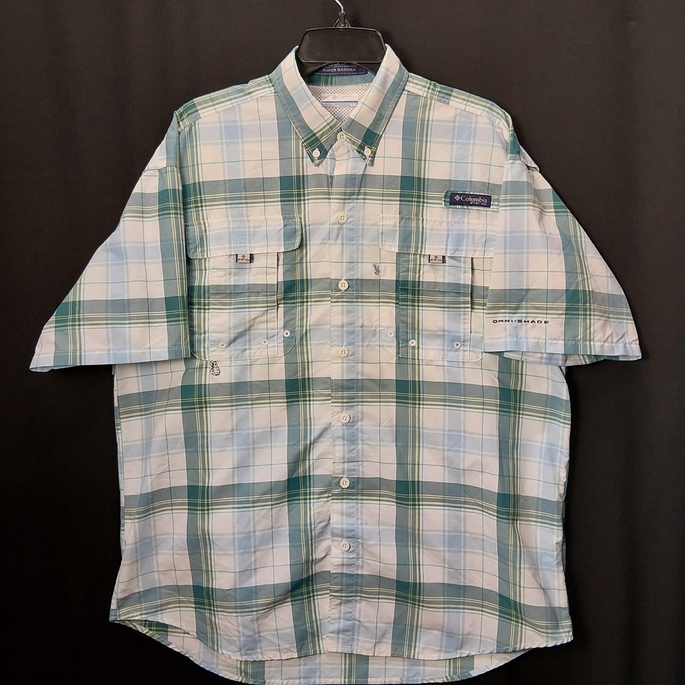 Columbia PFG Super Bahama Mens Medium Plaid Fishing Shirt Blue Green Vented Back